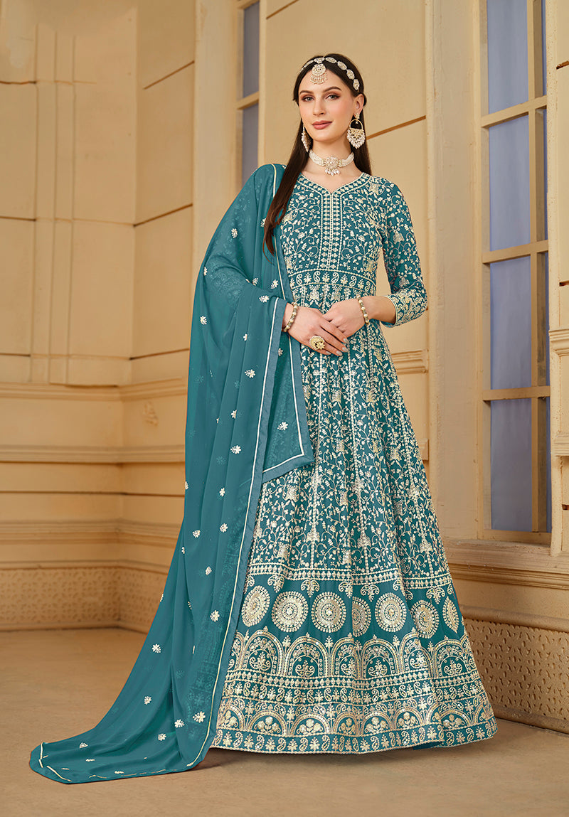 Turquoise Georgette Heavy Work Floor Length Gown With Dupatta