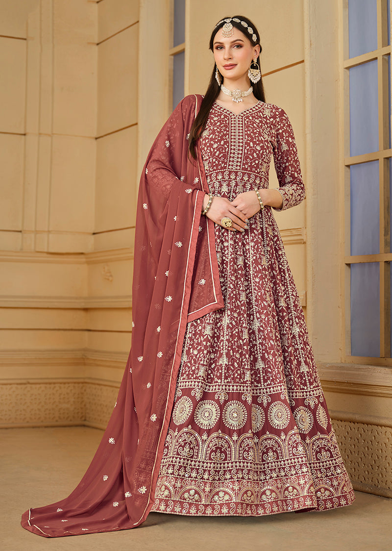 Light Brown Georgette Heavy Work Floor Length Gown With Dupatta