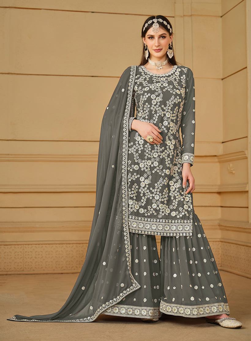 Grey Faux Georgette Embroidered Sharara Suit