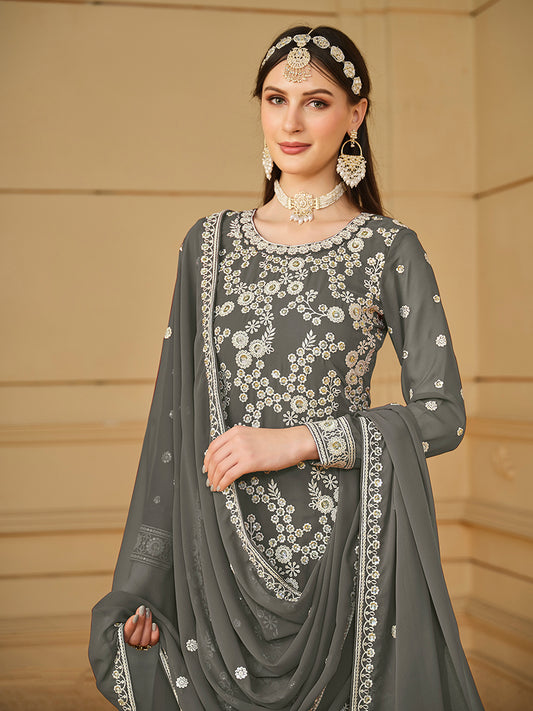 Grey Faux Georgette Embroidered Sharara Suit - Monjolika Fashion