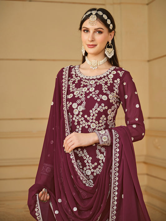 Wine Faux Georgette Embroidered Sharara Suit - Monjolika Fashion