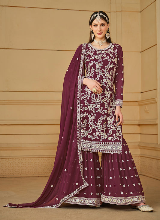 Wine Faux Georgette Embroidered Sharara Suit - Monjolika Fashion