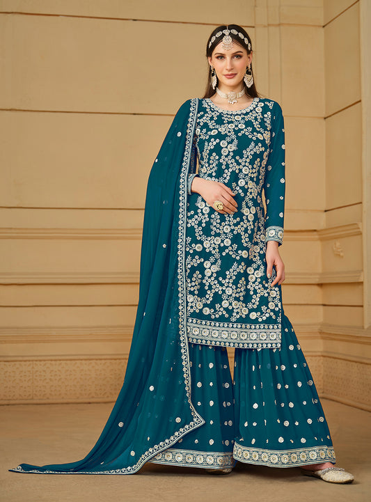Dark Blue Faux Georgette Embroidered Sharara Suit - Monjolika Fashion