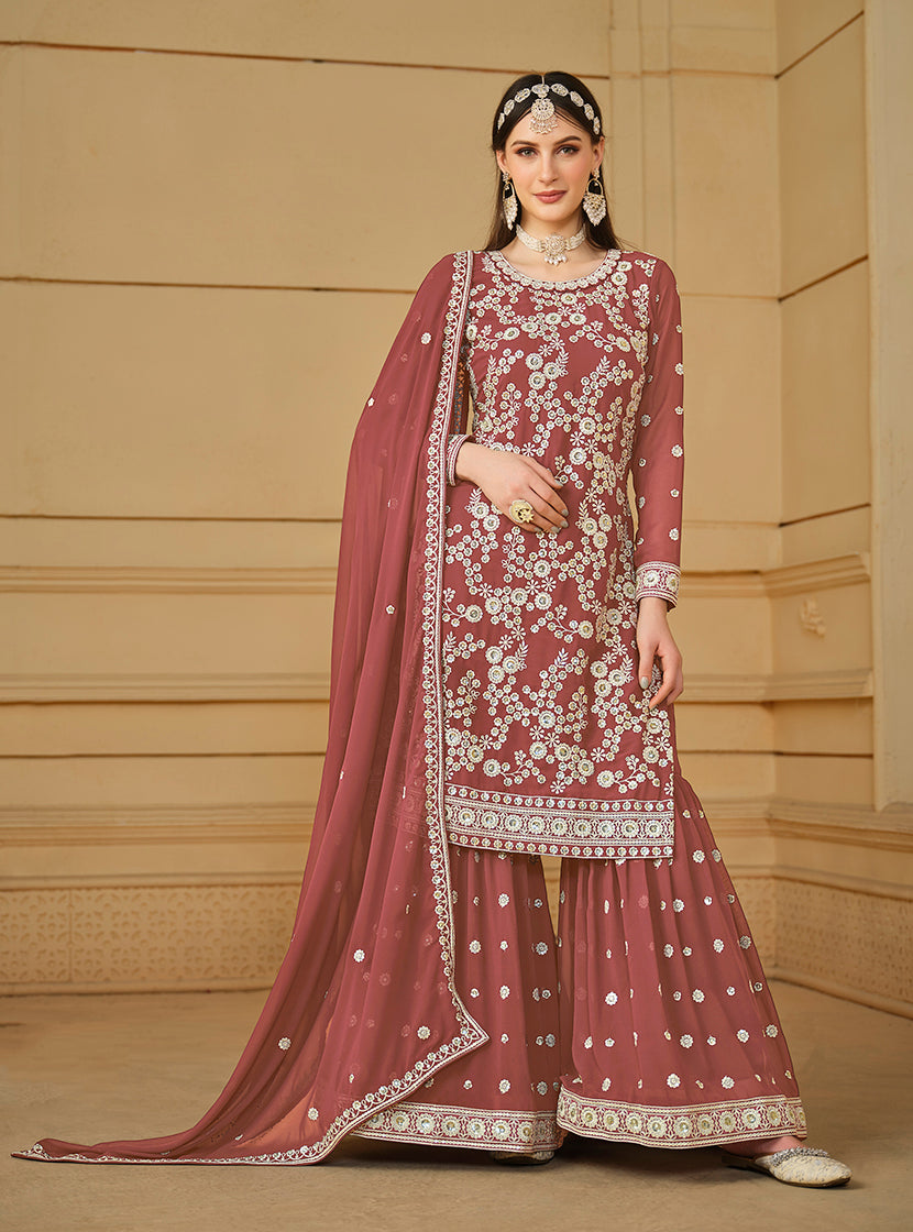 Light Brown Fux Georgette Embroidered Sharara Suit