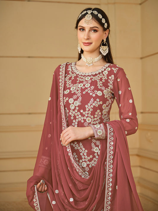 Light Brown Fux Georgette Embroidered Sharara Suit - Monjolika Fashion