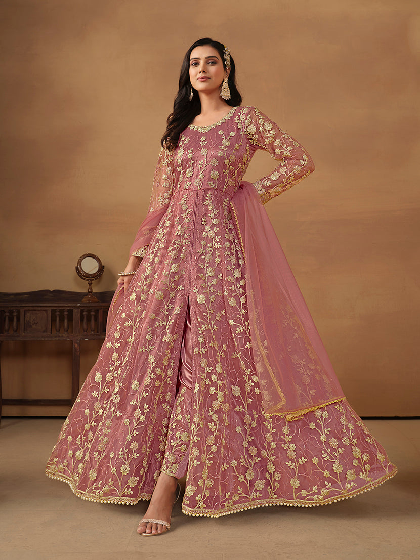 Mauve Net Embroidered Indo-western Suit