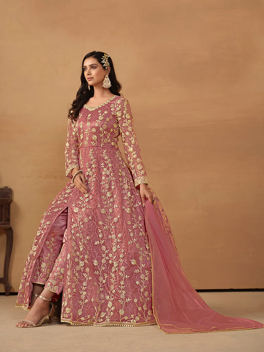 Mauve Net Embroidered Indo-western Suit - Monjolika Fashion