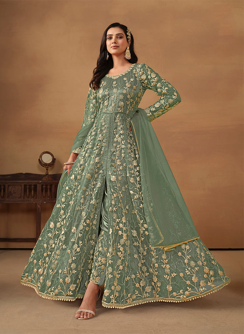 Sea Green Net Embroidered Indo-western Suit