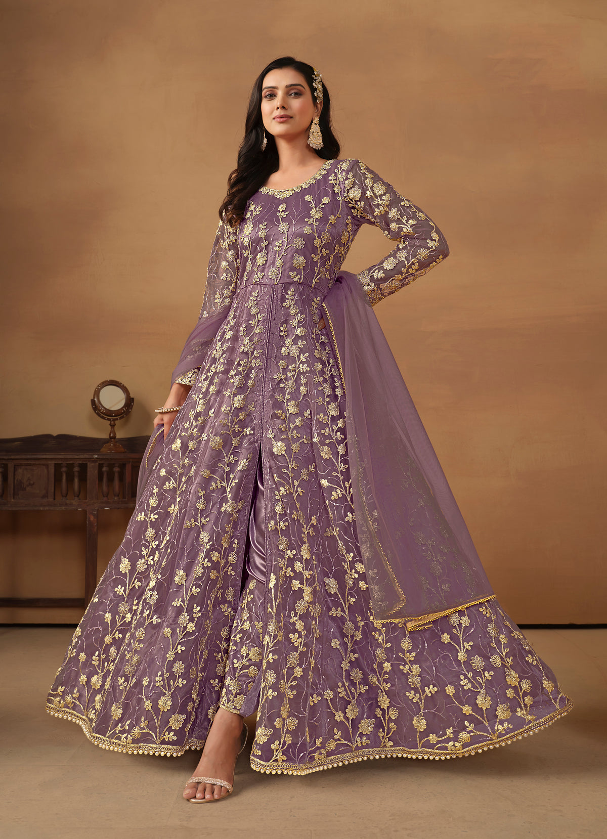 Orchid Net Embroidered Indo-western Suit