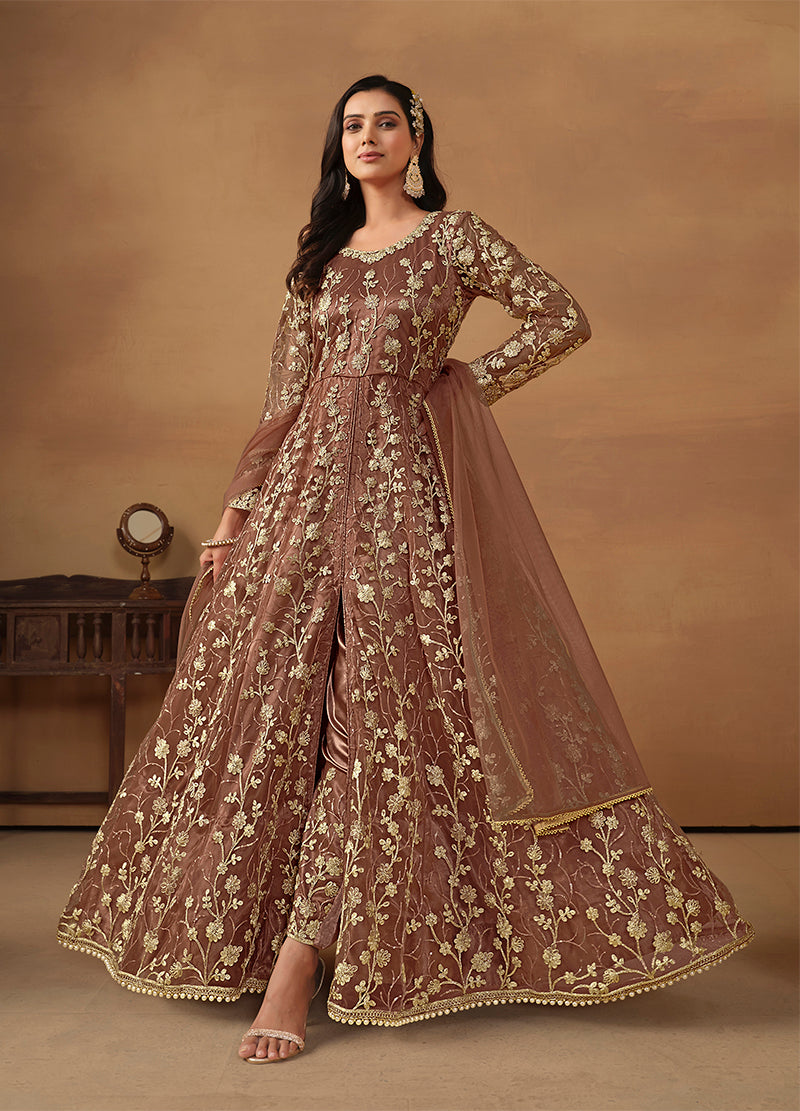 Brown Net Embroidered Indo-western Suit