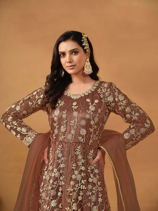 Brown Net Embroidered Indo-western Suit - Monjolika Fashion