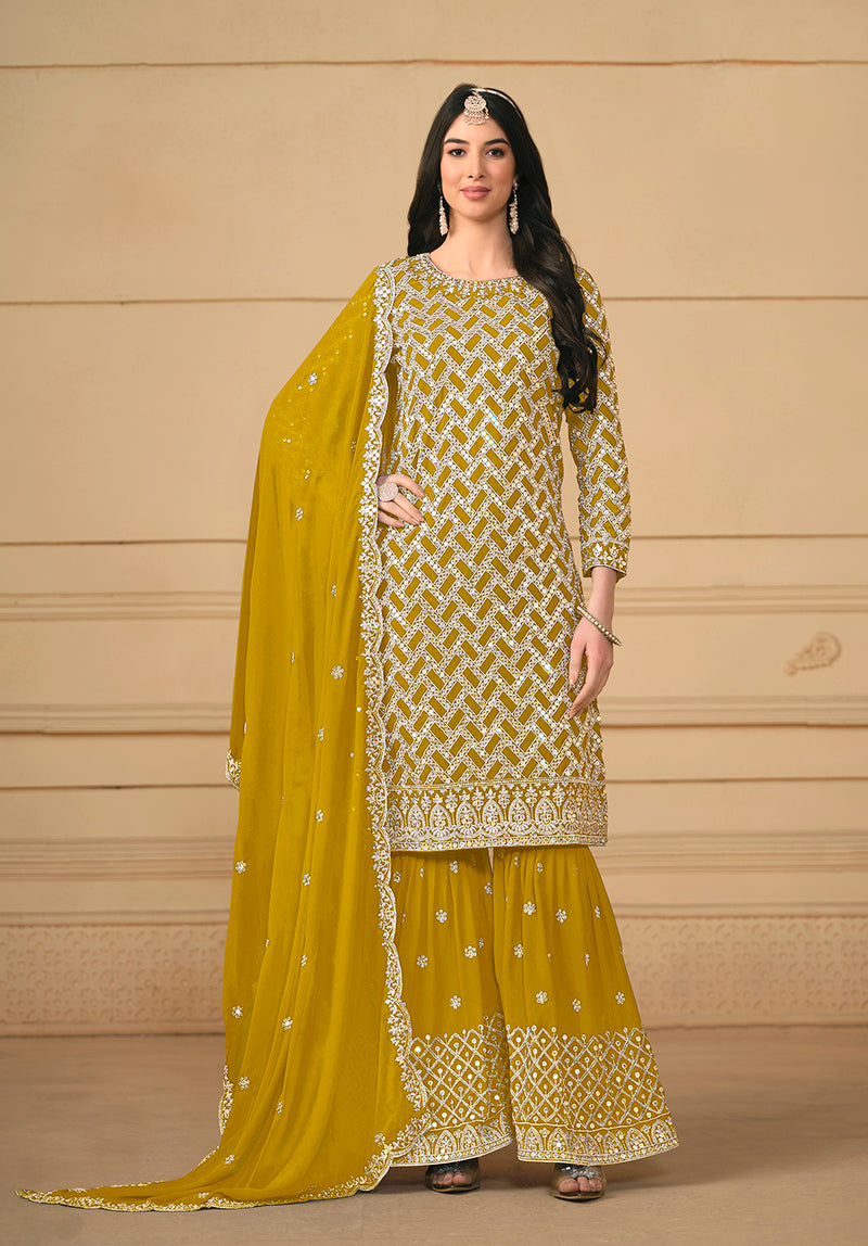 Mustard Georgette Embroidered Designer Sharara Suit
