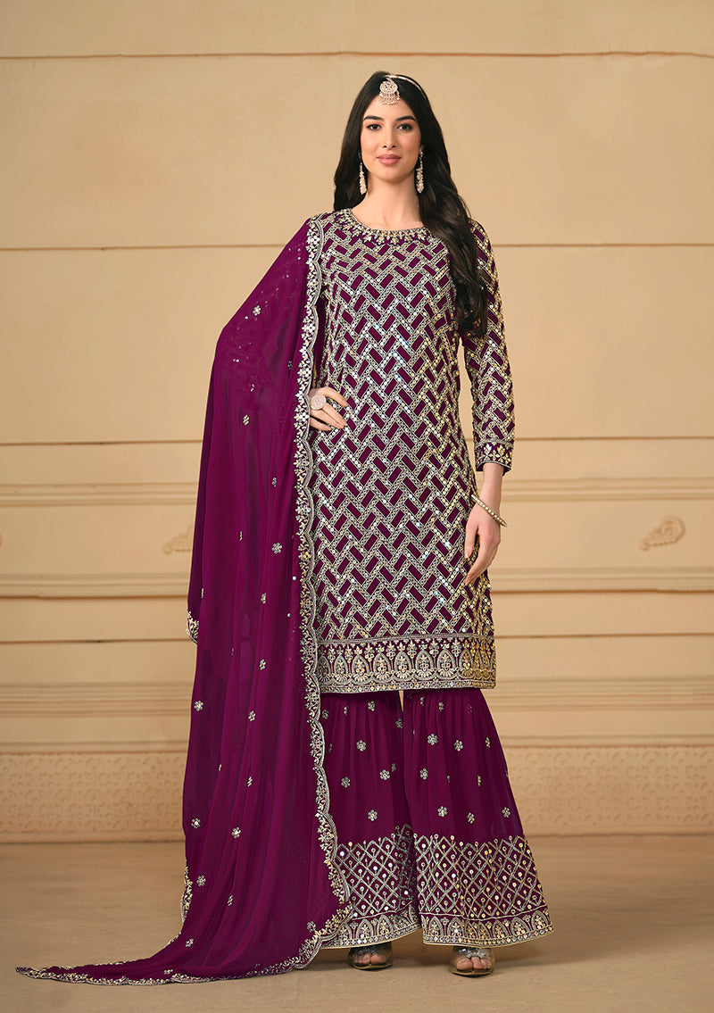 Purple Georgette Embroidered Designer Sharara Suit