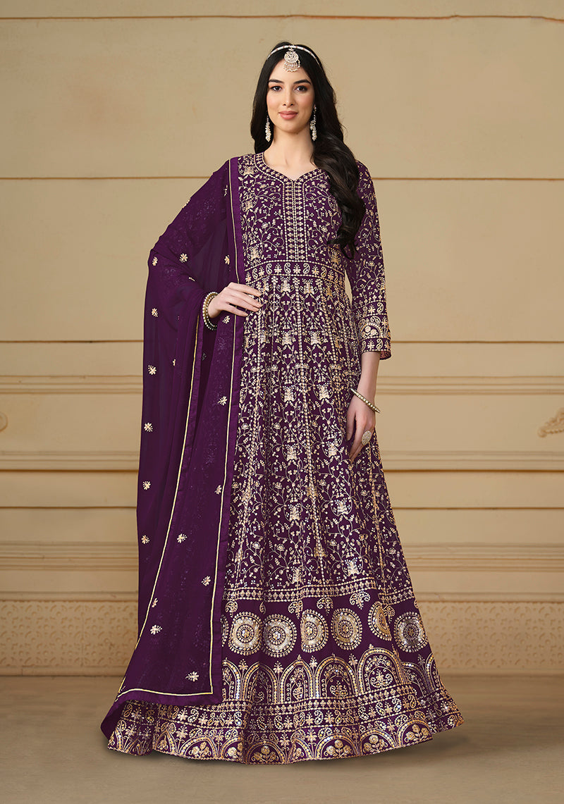 Purple Faux Georgette Embroidered Anarkali Salwar Suit - Monjolika Fashion