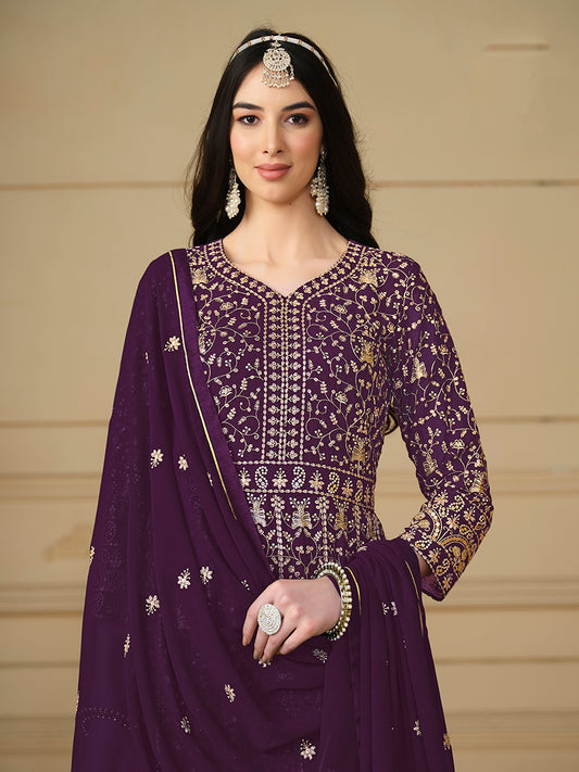Purple Faux Georgette Embroidered Anarkali Salwar Suit