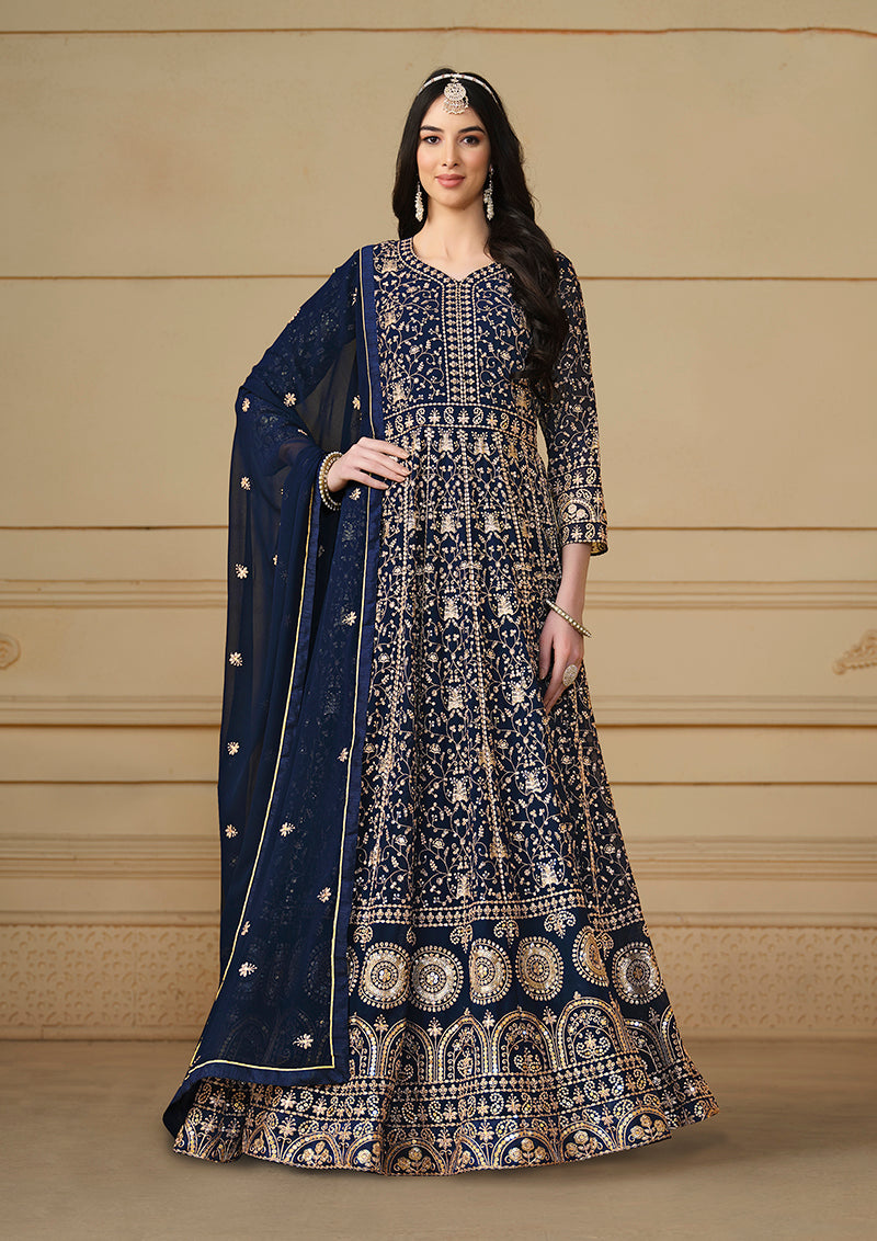 Navy Blue Faux Georgette Embroidered Anarkali Salwar Suit