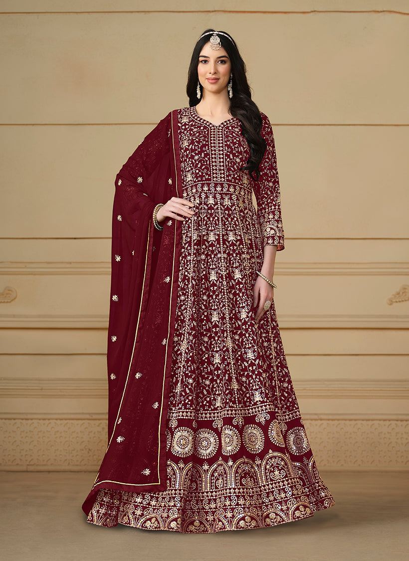 Maroon Faux Georgette Embroidered Anarkali Salwar Suit - Monjolika Fashion