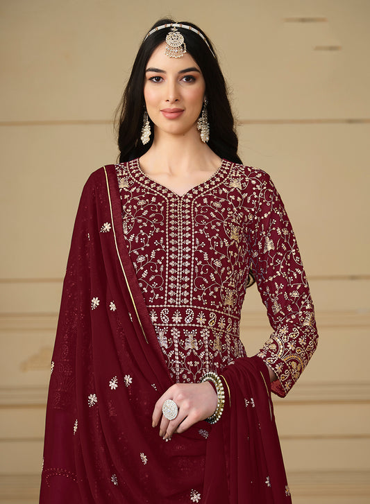 Maroon Faux Georgette Embroidered Anarkali Salwar Suit
