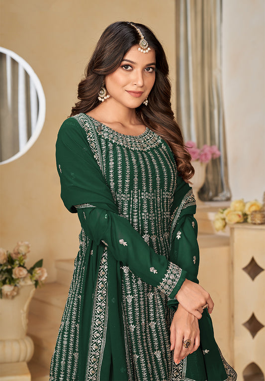 Green Faux Georgette Embroidered Designer Sharara Suit