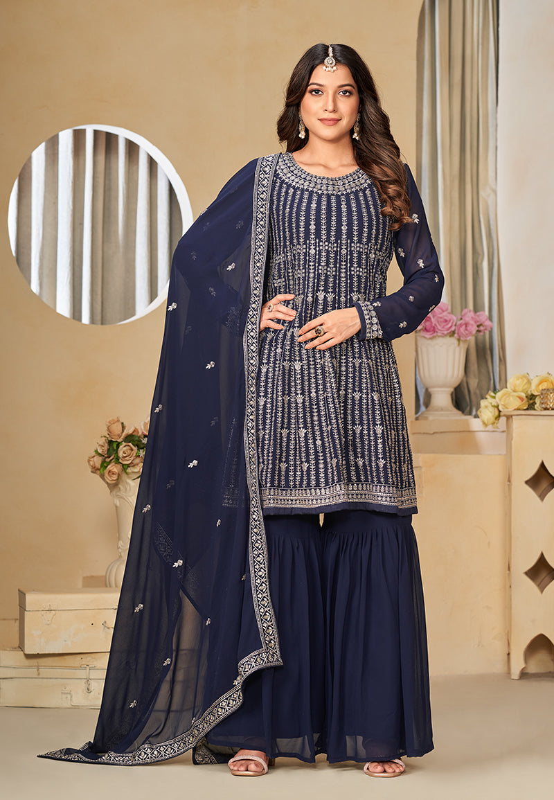 Navy Blue Faux Georgette Embroidered  Designer Sharara Suit