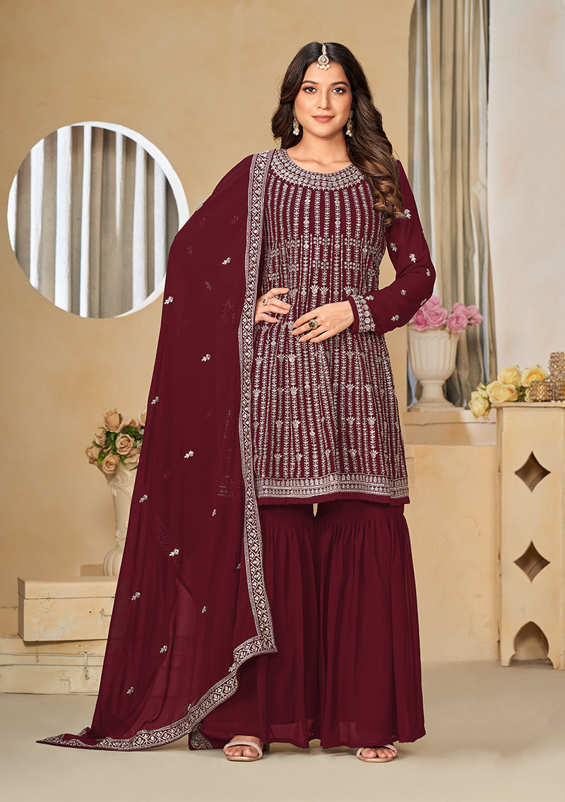 Maroon Faux Georgette Embroidered Designer Sharara Suit