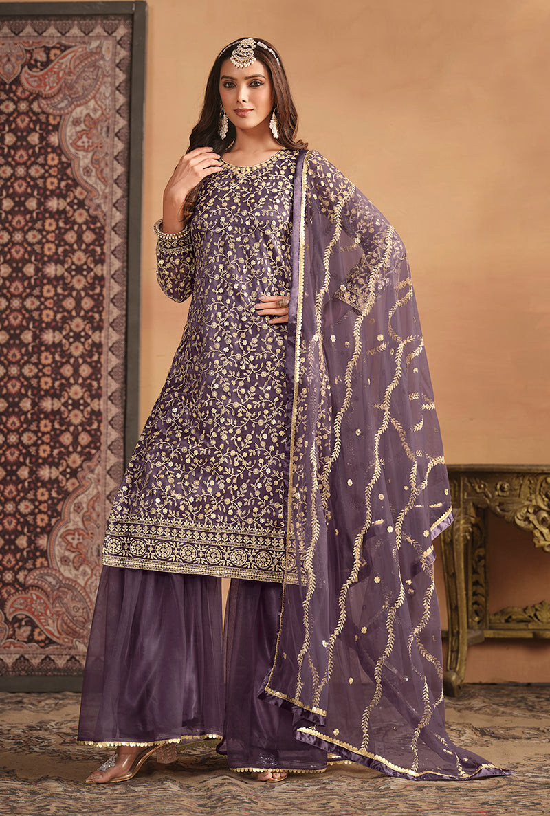 Dark Mauve Net Embroidered Trendy Sharara Suit