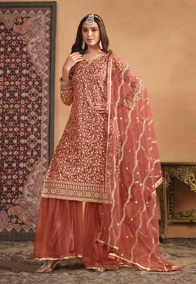Rust Net Embroidered Trendy Sharara Suit