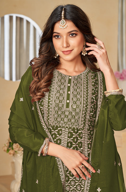 Dark Olive Green Chinon Embroidered Party Wear Palazzo Suit - Monjolika Fashion