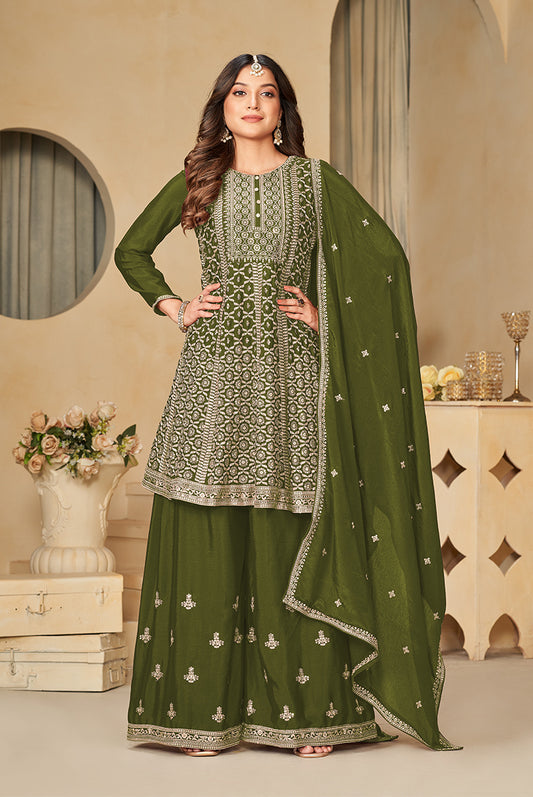 Dark Olive Green Chinon Embroidered Party Wear Palazzo Suit - Monjolika Fashion