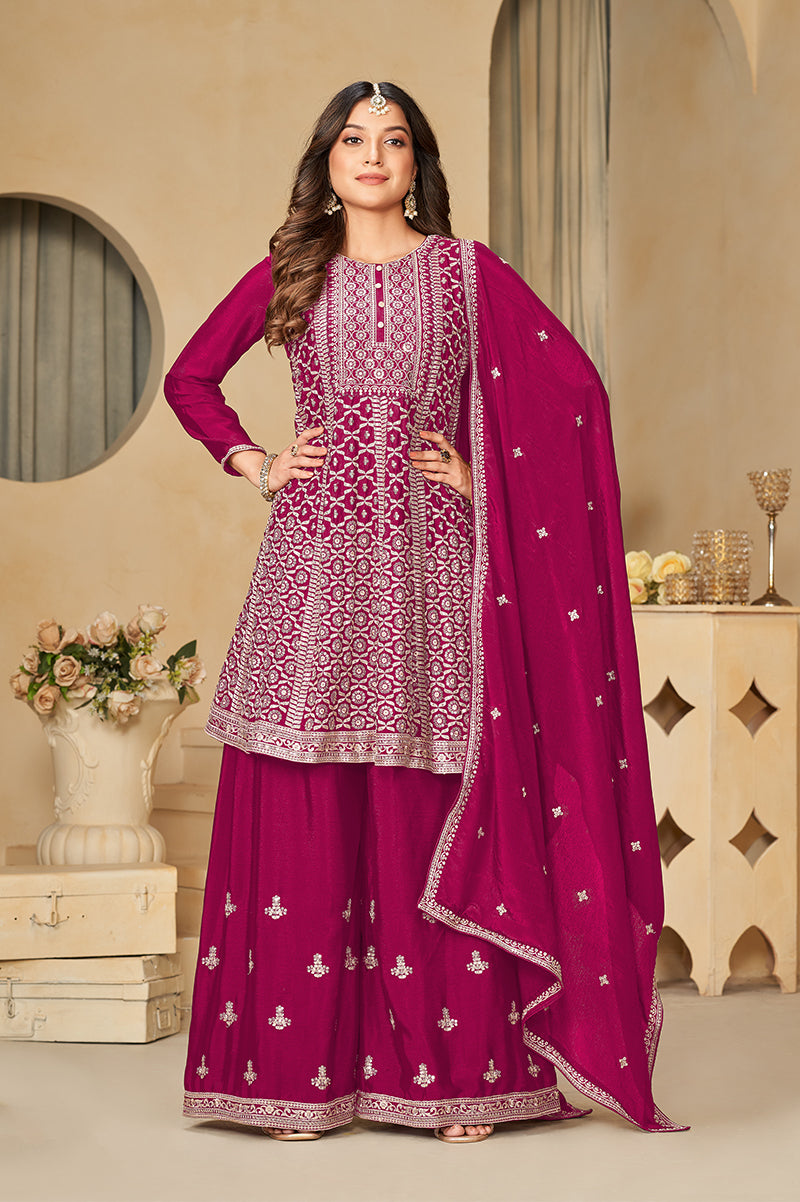 Rani Pink Chinon Embroidered Party Wear Palazzo Suit