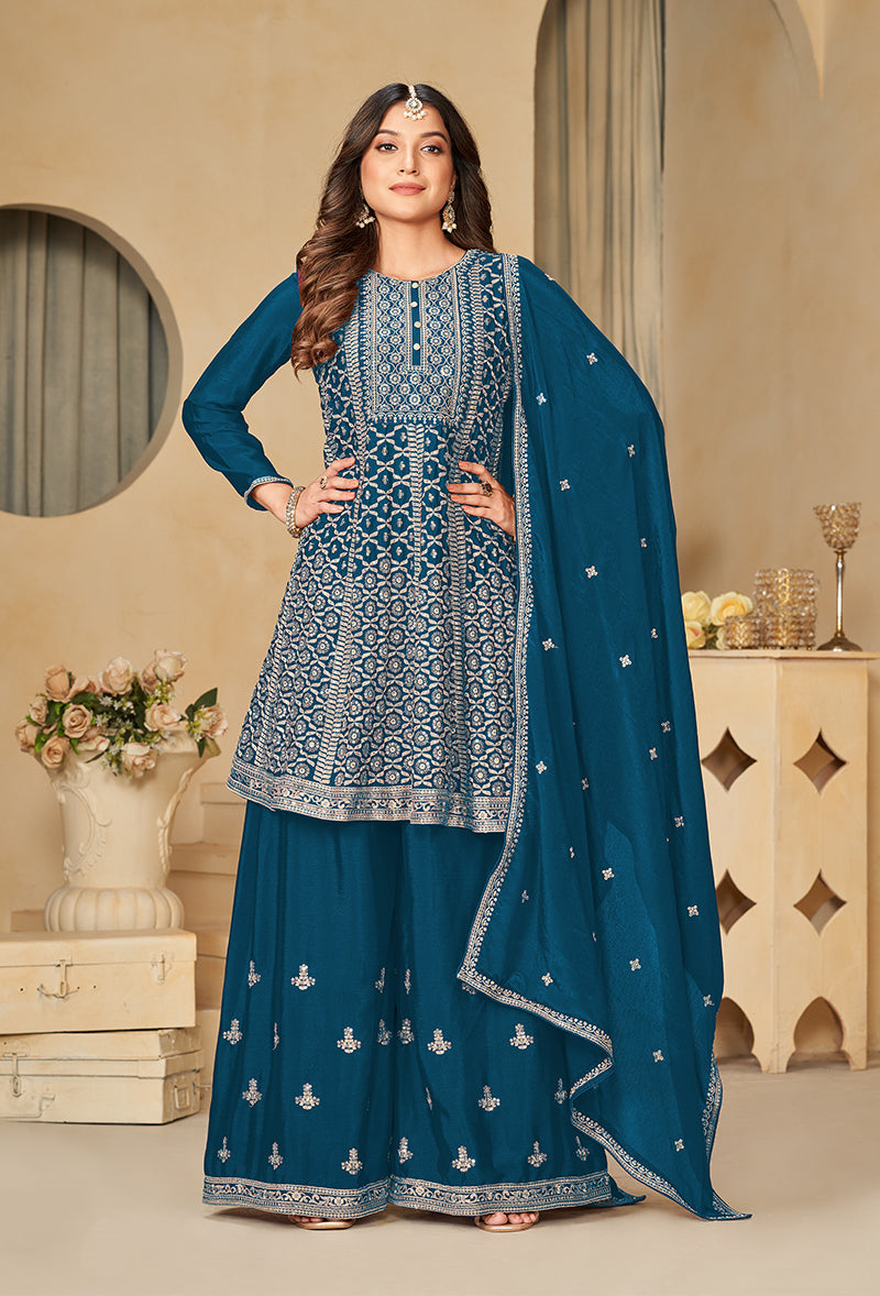 Teal Blue Chinon Embroidered Party Wear Palazzo Suit