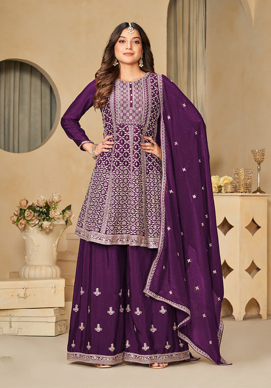 Dark Purple Chinon Embroidered Party Wear Palazzo Suit - Monjolika Fashion