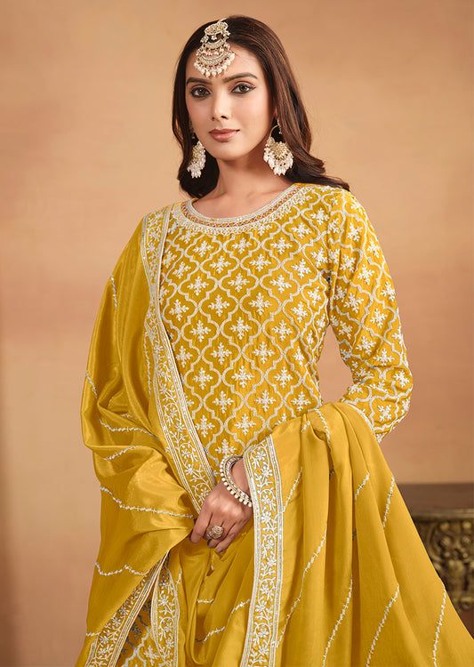 Mustard Chinon Silk Embroidered Ethnic Lehenga Suit - Monjolika Fashion