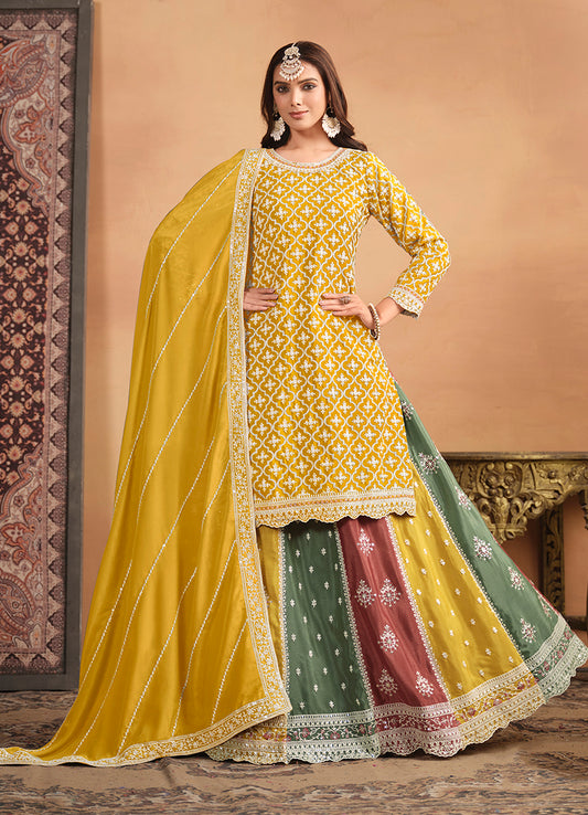Mustard Chinon Silk Embroidered Ethnic Lehenga Suit - Monjolika Fashion