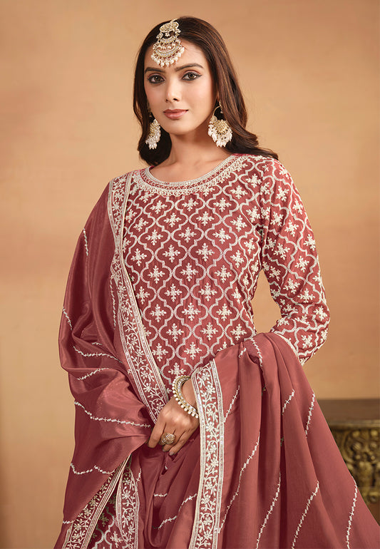 Dark Mauve Chinon Silk Embroidered Ethnic Lehenga Suit - Monjolika Fashion