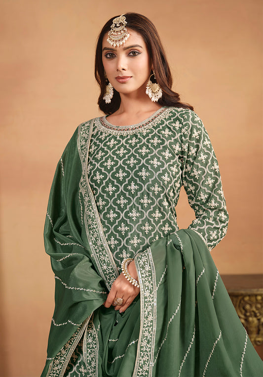 Olive Chinon Silk Embroidered  Ethnic Lehenga Suit