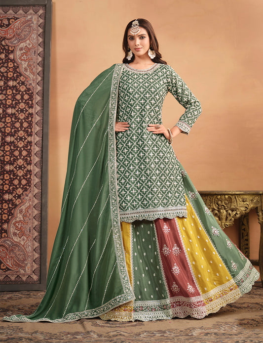 Olive Chinon Silk Embroidered  Ethnic Lehenga Suit