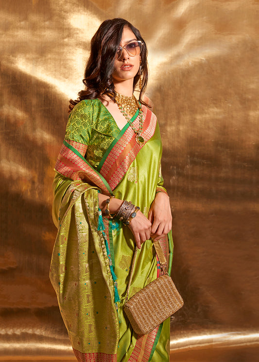 Pear Green Banarasi Satin Silk Zari Woven Designer Saree