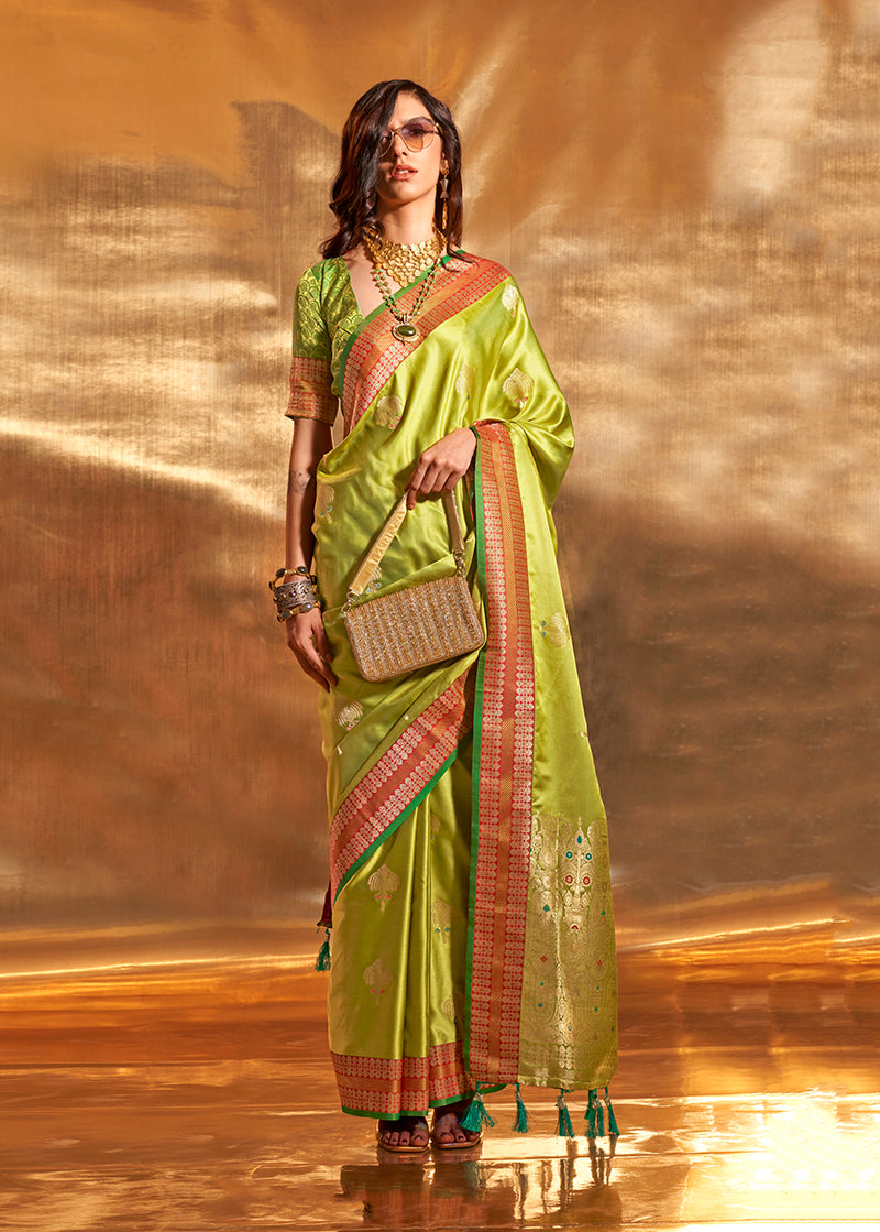 Pear Green Banarasi Satin Silk Zari Woven Designer Saree