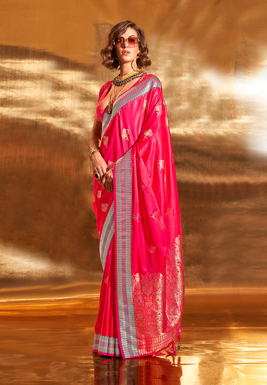 Dark Pink Banarasi Satin Silk Zari Woven Designer Saree