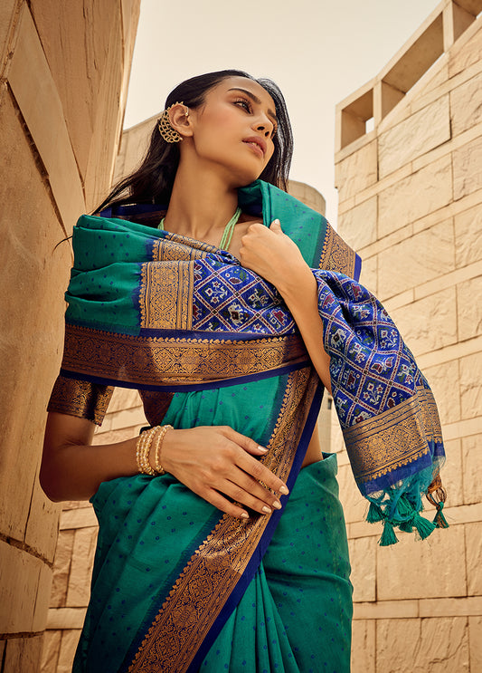 Teal Zari Woven Silk Saree with Patola Pallu