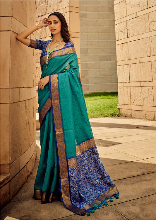 Teal Zari Woven Silk Saree with Patola Pallu