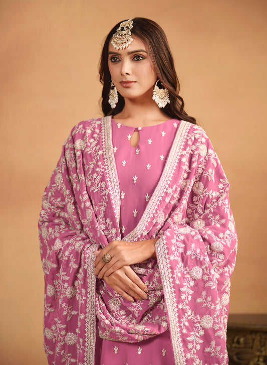 Pink Faux Georgette Embroidered Trendy Salwar Suit