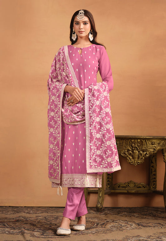 Pink Faux Georgette Embroidered Trendy Salwar Suit