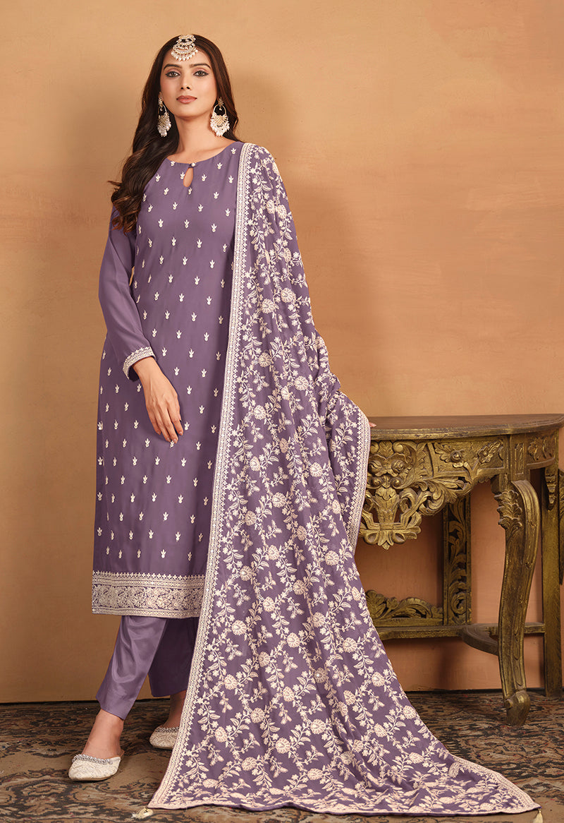 Lavender Faux Georgette Embroidered Trendy Salwar Suit - Monjolika Fashion