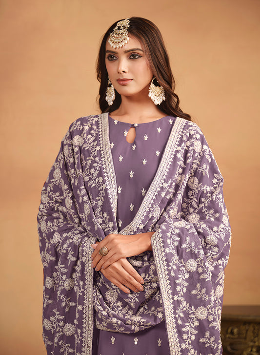 Lavender Faux Georgette Embroidered Trendy Salwar Suit