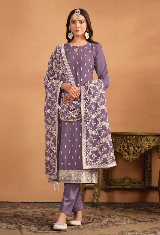 Lavender Faux Georgette Embroidered Trendy Salwar Suit