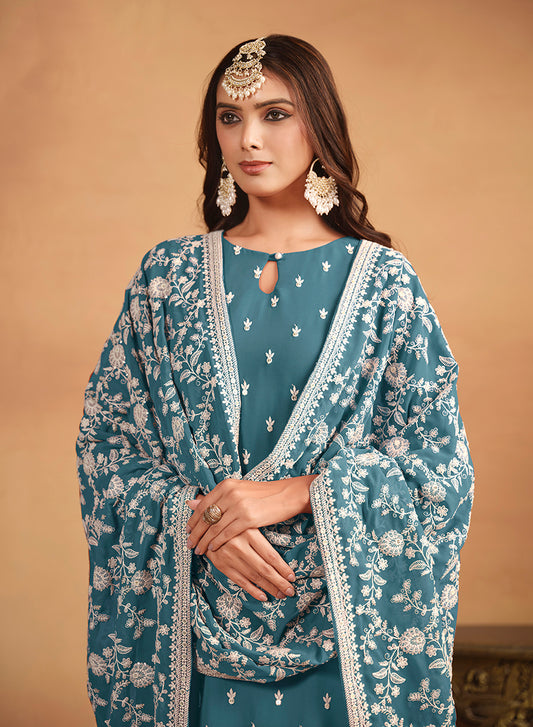 Teal Blue Faux Georgette Embroidered Trendy Salwar Suit