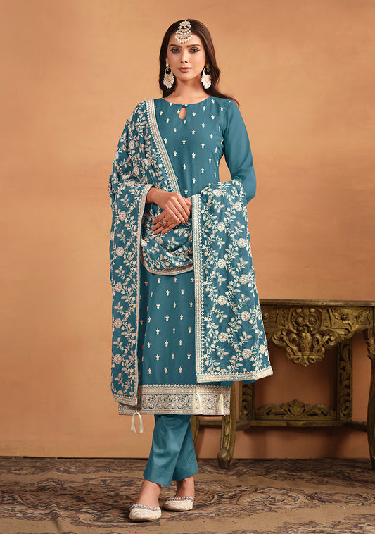 Teal Blue Faux Georgette Embroidered Trendy Salwar Suit
