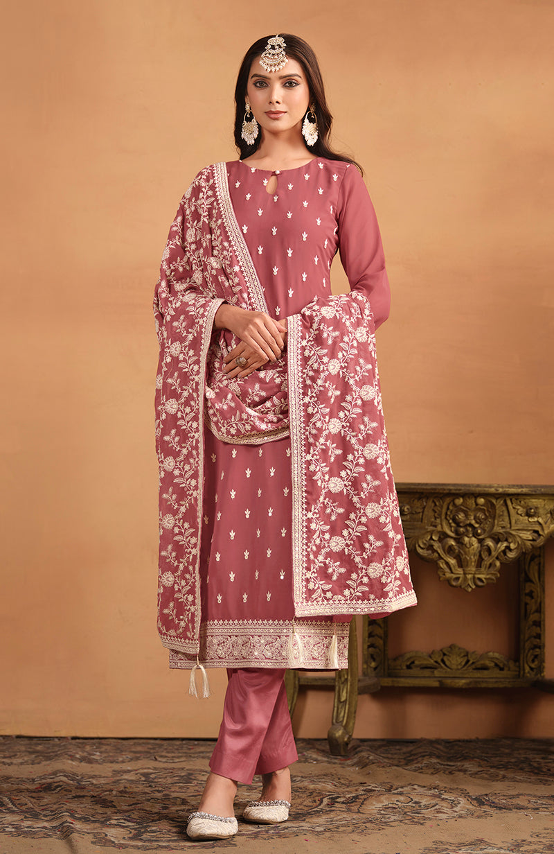 Rust Faux Georgette Embroidered Trendy Salwar Suit